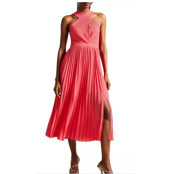 Ted Baker Loueli Cross Front Pleated Midi Dress Coral Size 3 US 10-12‎ - Picture 1 of 16
